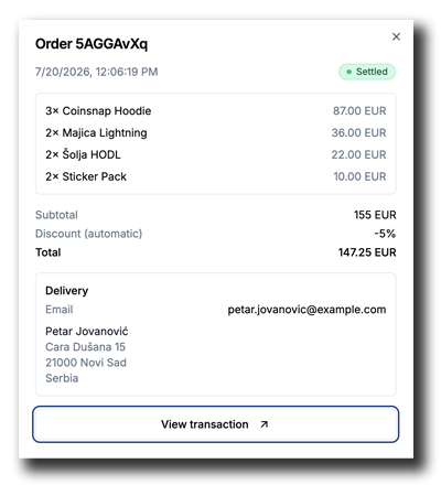 Coinsnap order details showing purchased products, prices, discount, total, delivery information, and transaction link.