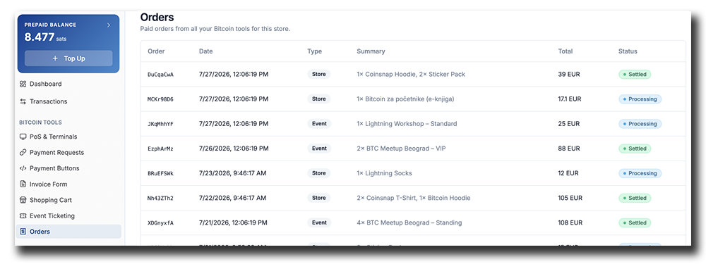 Coinsnap POS Dashboard Orders overview showing order dates, types, purchased products, totals, and order status.