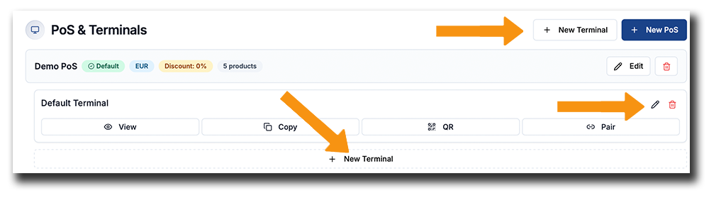 Coinsnap Bitcoin POS dashboard showing how to create a new terminal or edit an existing terminal.