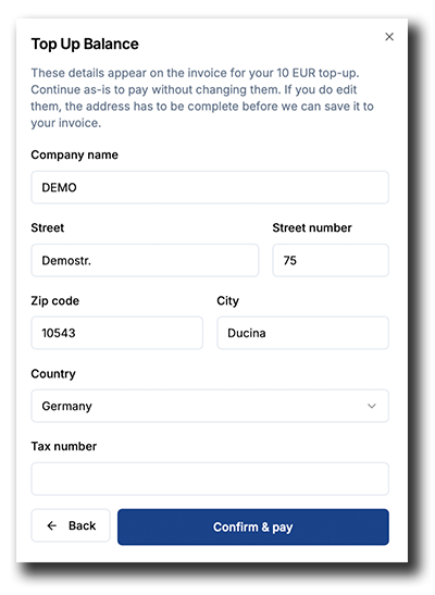 Coinsnap POS Dashboard top-up form for confirming company and invoice details before payment.