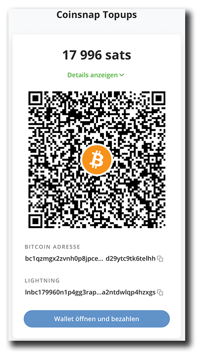 Coinsnap top-up payment screen with Bitcoin QR code and options to pay the prepaid balance via Bitcoin or Lightning.