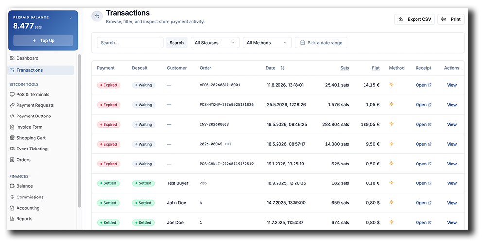 Coinsnap POS Dashboard Transactions screen showing Bitcoin payments, payment status, sats and fiat amounts, receipts, filters, and CSV export.