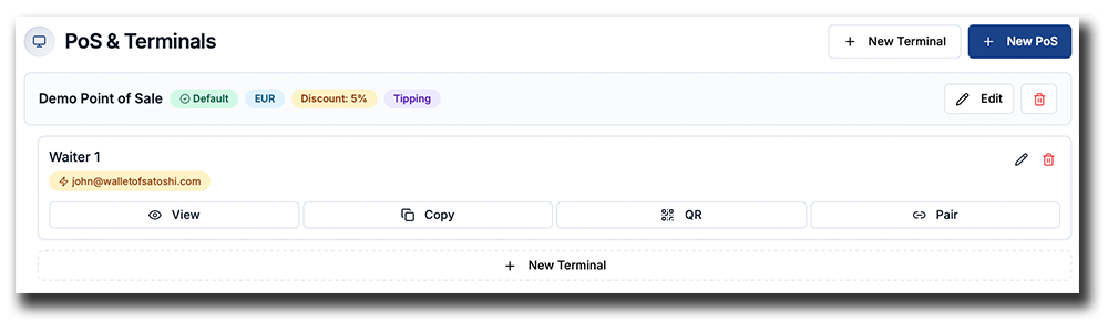 Coinsnap Bitcoin POS dashboard showing the configured Waiter 1 terminal with its Lightning Tip Address and terminal options.