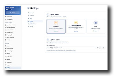Coinsnap POS Dashboard Deposit settings with Lightning selected as the active payment deposit method.