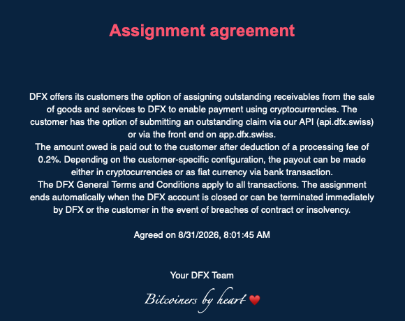 DFX Assignment Agreement confirmation for Coinsnap bank payouts