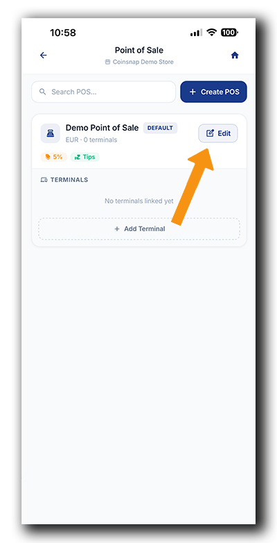 Coinsnap Bitcoin POS setup: Overview of the default Point of Sale with the Edit button highlighted to configure your POS.