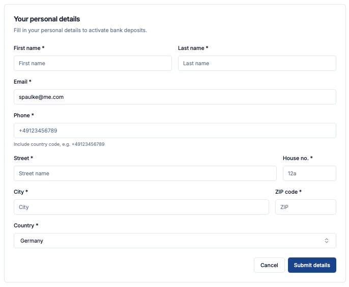 Connect DFX to Coinsnap – enter personal details for DFX bank payouts