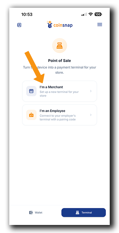 Coinsnap Bitcoin POS setup: Select "I'm a Merchant" to create a new Point of Sale for your business.