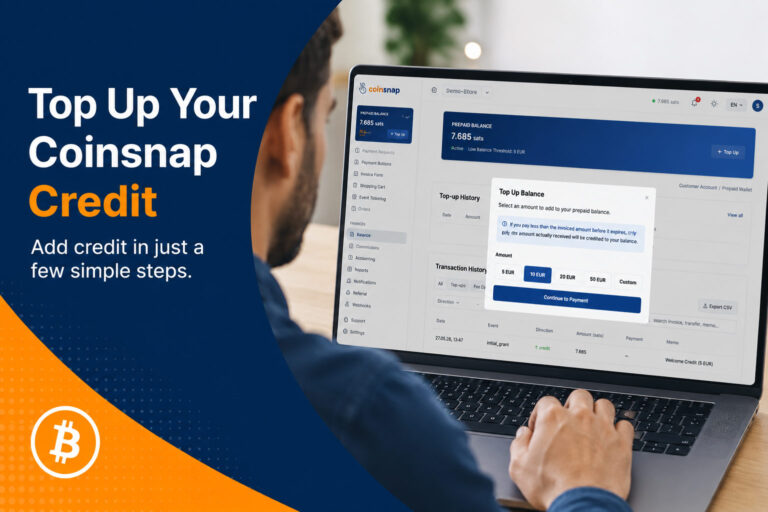 How to Top Up Your Coinsnap Credit – merchant adding €10 credit to the prepaid balance in the Coinsnap dashboard.