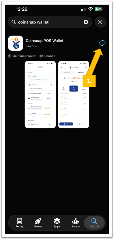 Coinsnap Bitcoin Wallet app listing in the Apple App Store with the download icon highlighted to show how to install the app on an iPhone.