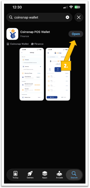 Coinsnap Bitcoin Wallet app in the Apple App Store with the Open button highlighted, showing how to launch the app after installation.