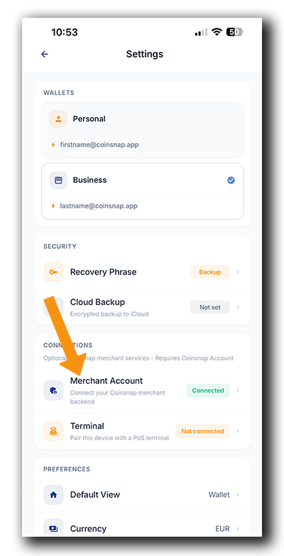 Coinsnap Terminal setup: Open the Merchant Account from the Settings menu to manage your Point of Sale and payment terminals.