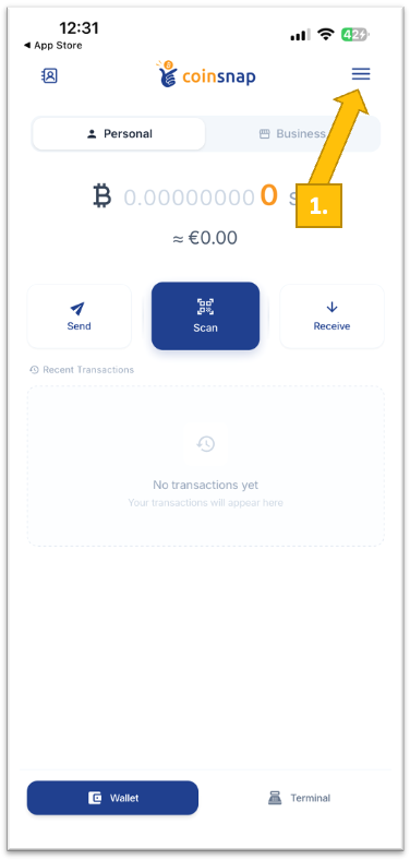 Coinsnap Bitcoin Wallet dashboard with the menu icon highlighted, showing how to open the Settings menu to access wallet security and backup options.