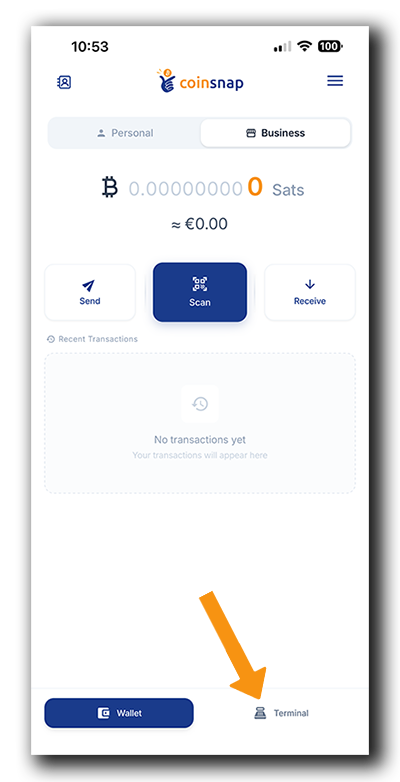 Coinsnap Bitcoin POS setup: Open the Terminal section from the Coinsnap Wallet app to begin creating your first Point of Sale.