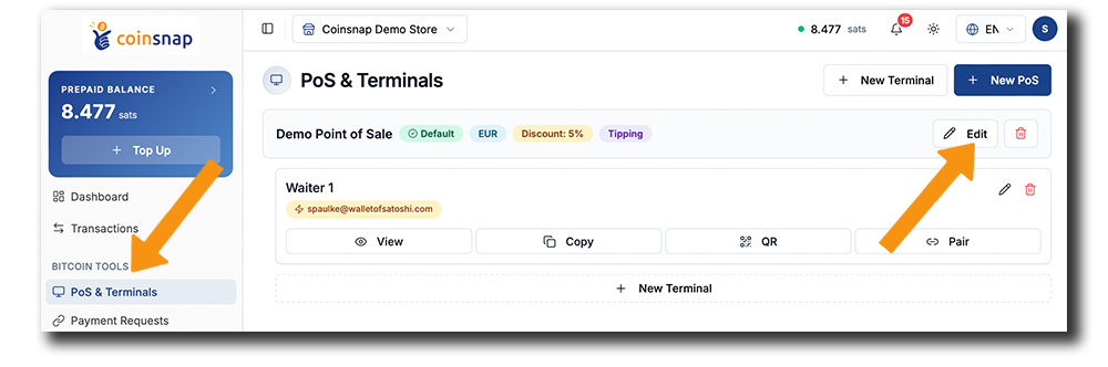 Coinsnap Dashboard: Open the PoS & Terminals section and click "Edit" on your Point of Sale to configure your product catalogue.