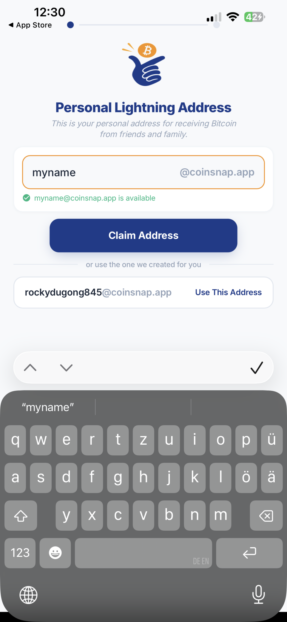 Coinsnap Bitcoin Wallet setup screen for creating a personal Lightning Address by choosing a unique username ending in @coinsnap.app.