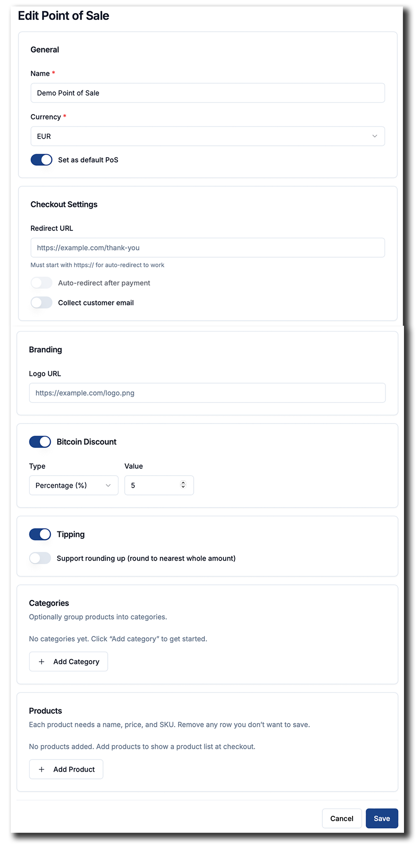 Coinsnap Bitcoin POS setup: Configure the POS name, currency, checkout options, branding, Bitcoin discount, tipping, product categories and products in the Dashboard.