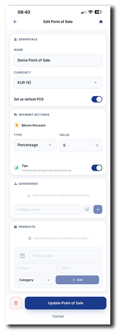 Coinsnap Bitcoin POS setup: Open the Point of Sale settings by tapping the "Edit" button.