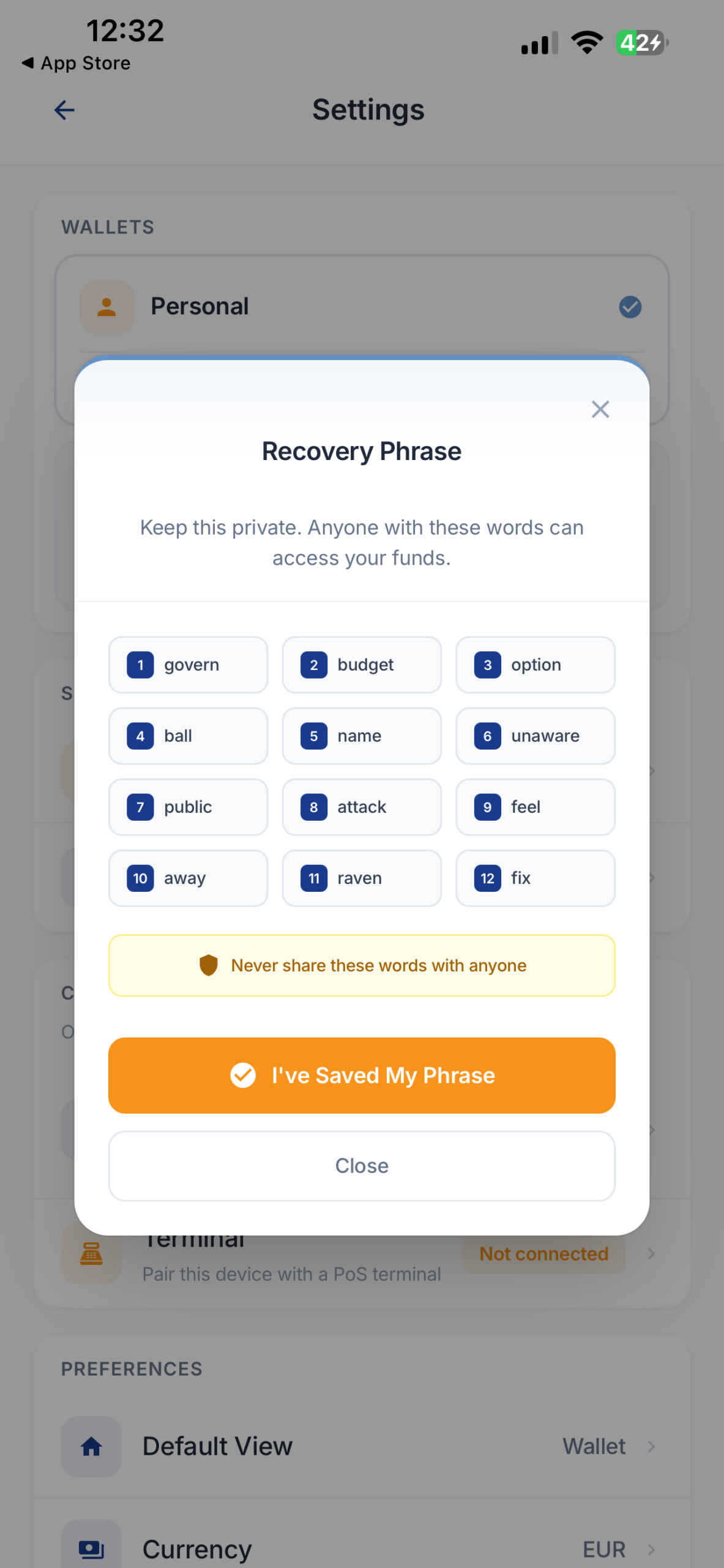 Coinsnap Bitcoin Wallet Recovery Phrase screen displaying the 12-word seed phrase used to back up and restore the wallet.