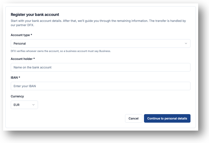 Connect DFX to Coinsnap – register your bank account for DFX payouts