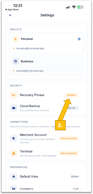 Coinsnap Bitcoin Wallet Settings screen with the Recovery Phrase backup option highlighted, showing how to access your wallet backup.