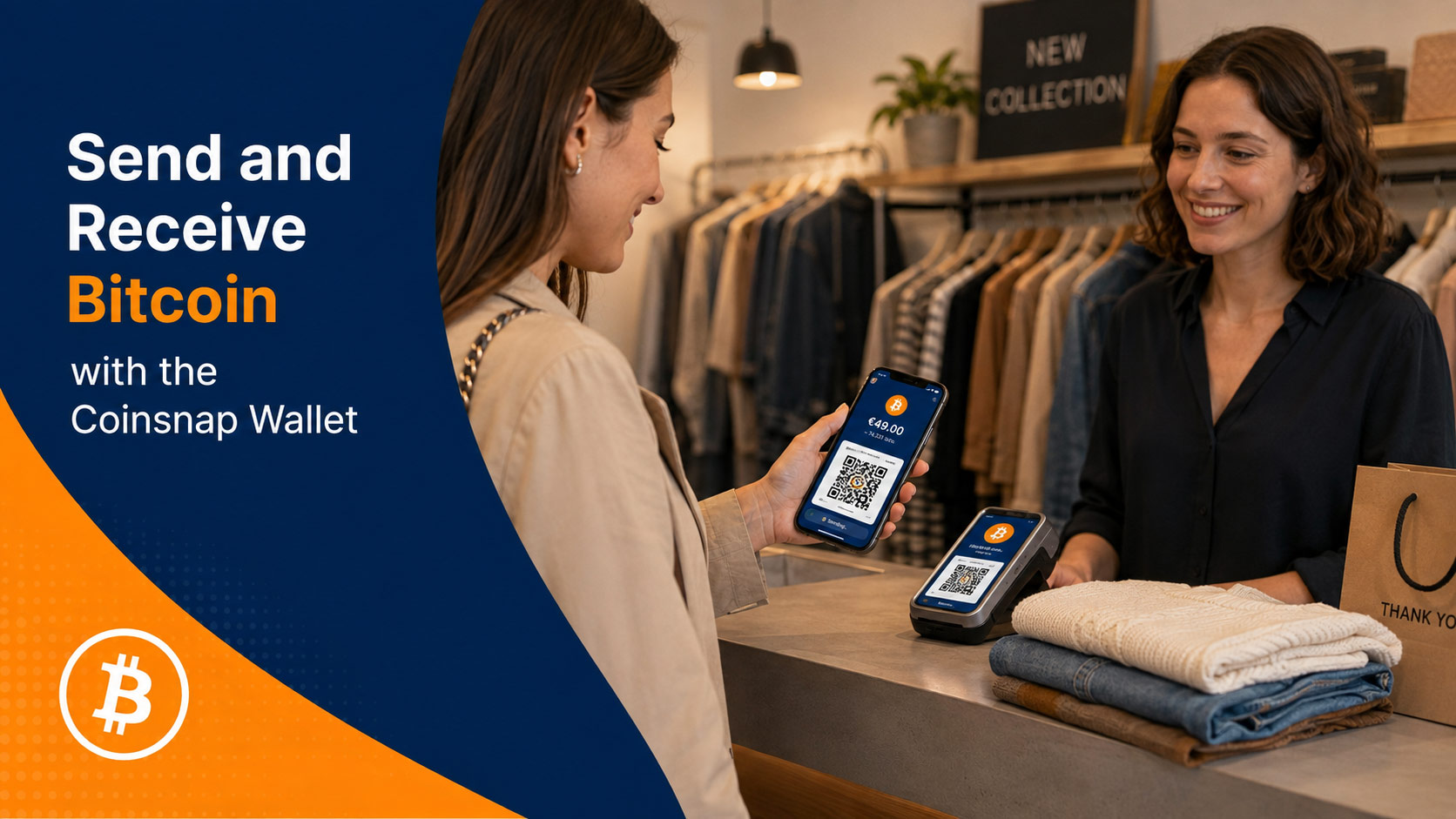 Send and receive Bitcoin with your Coinsnap Wallet by scanning a payment QR code at a boutique