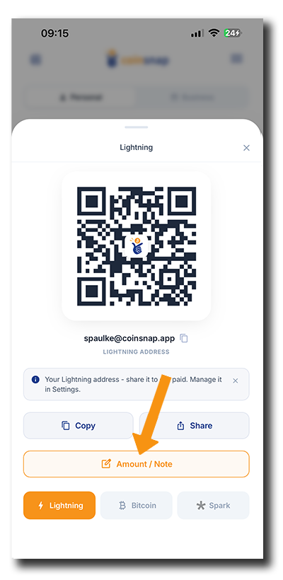 Coinsnap Bitcoin Wallet Lightning receive screen with Amount / Note highlighted to set a payment amount and reference