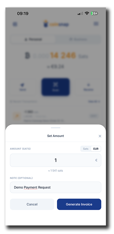 Coinsnap Bitcoin Wallet Lightning receive screen with Amount and Note button highlighted 