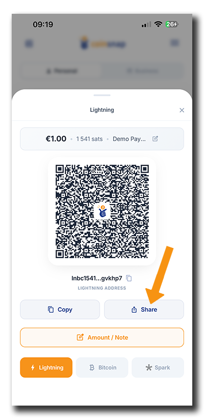 Coinsnap Bitcoin Wallet Share button for sending a Lightning payment request to the payer