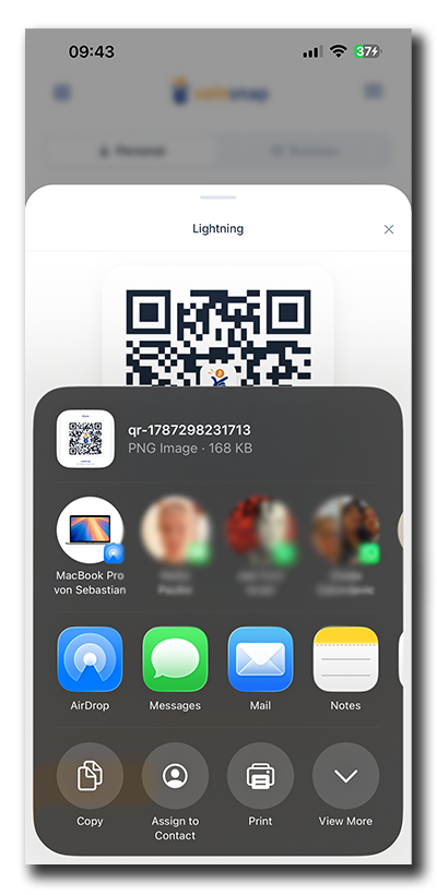 Smartphone sharing menu for sending a Coinsnap Bitcoin Lightning payment QR code