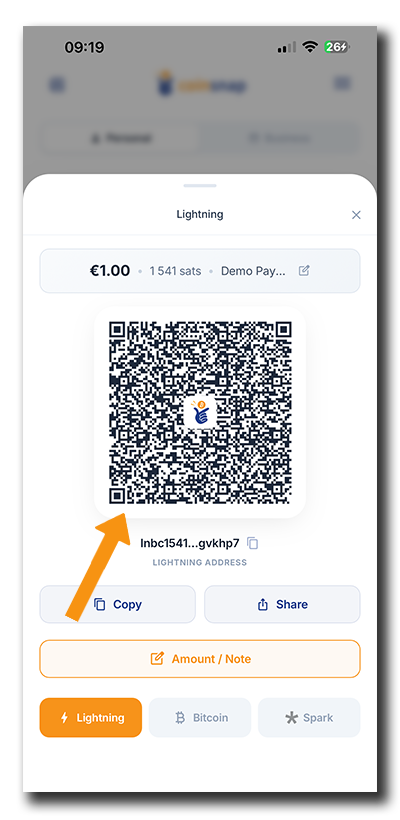 Coinsnap Bitcoin Wallet showing a Lightning payment QR code for the payer to scan