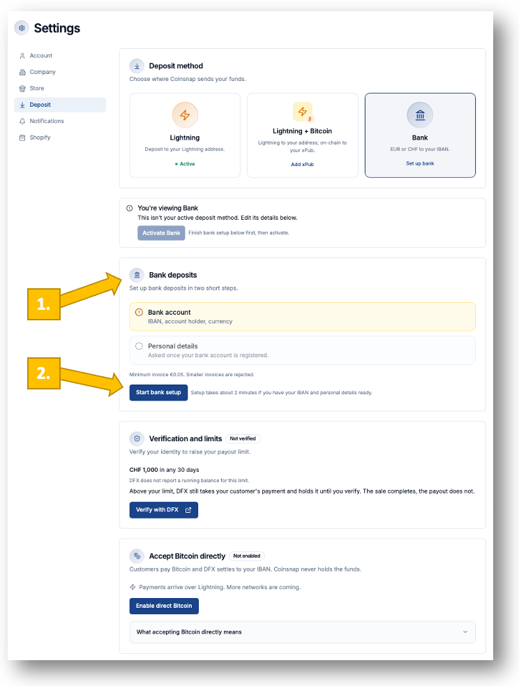 Connect DFX to Coinsnap – start bank setup for DFX payouts
