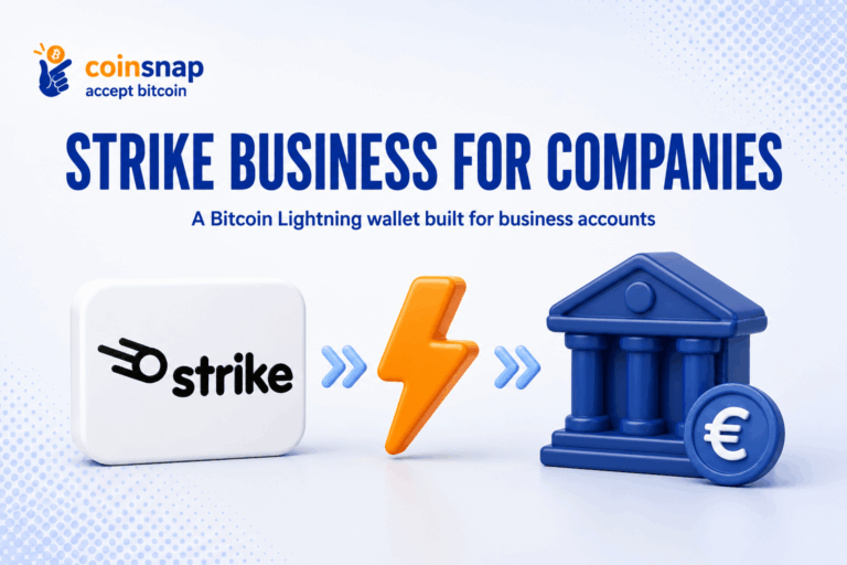 Strike logo tile linked by a lightning bolt to a bank building with a euro coin, illustrating Strike Business