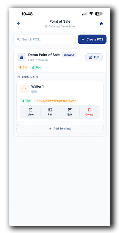 Coinsnap Terminal setup: Successfully created payment terminal linked to a Point of Sale and ready to accept Bitcoin and Lightning payments.