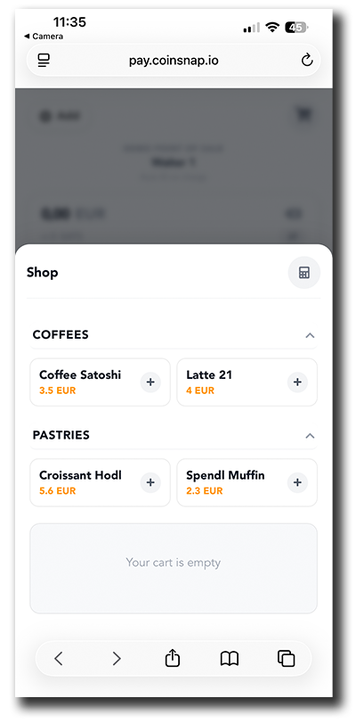 Browser-based Coinsnap Bitcoin POS terminal on a staff member’s smartphone showing product categories, products and prices.