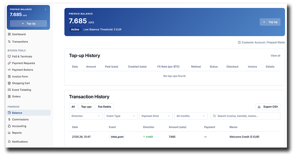 Coinsnap Balance page showing the prepaid credit balance, Top Up button, top-up history and transaction history.