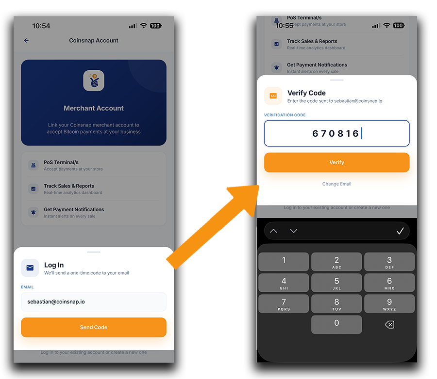 Coinsnap Bitcoin POS setup: Enter your Coinsnap account email address, receive a verification code, and connect your wallet to your merchant account.