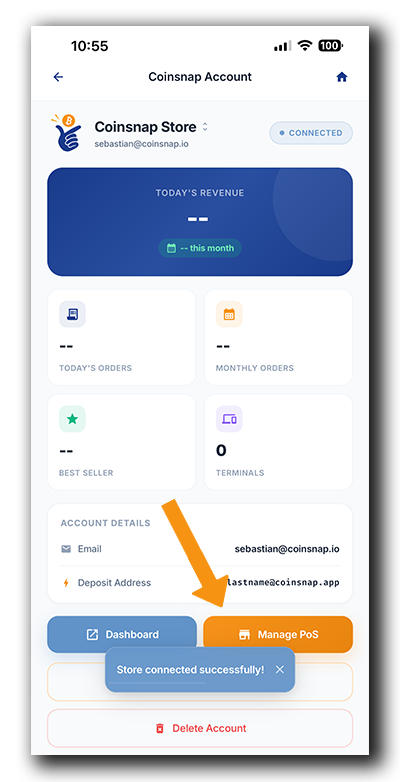 Coinsnap Bitcoin POS setup: Wallet successfully connected to a Coinsnap merchant account with the option to manage your Point of Sale.