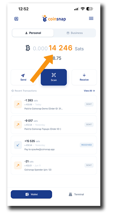Coinsnap Bitcoin Wallet showing updated balance after sending a Lightning payment