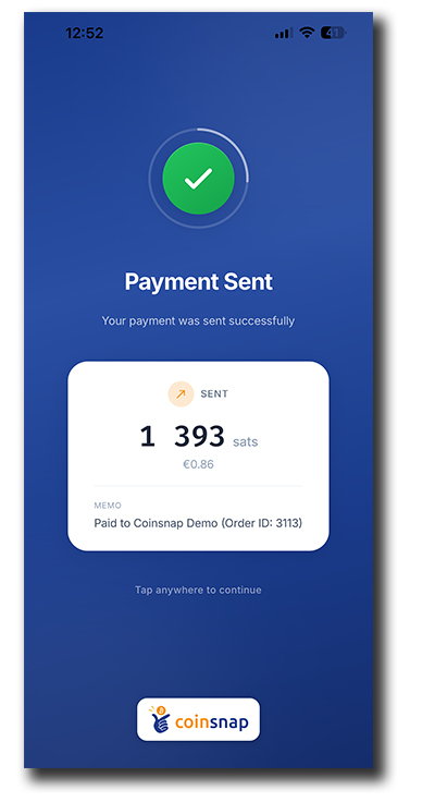 Coinsnap Bitcoin Wallet showing successful Bitcoin Lightning payment of 1,393 sats