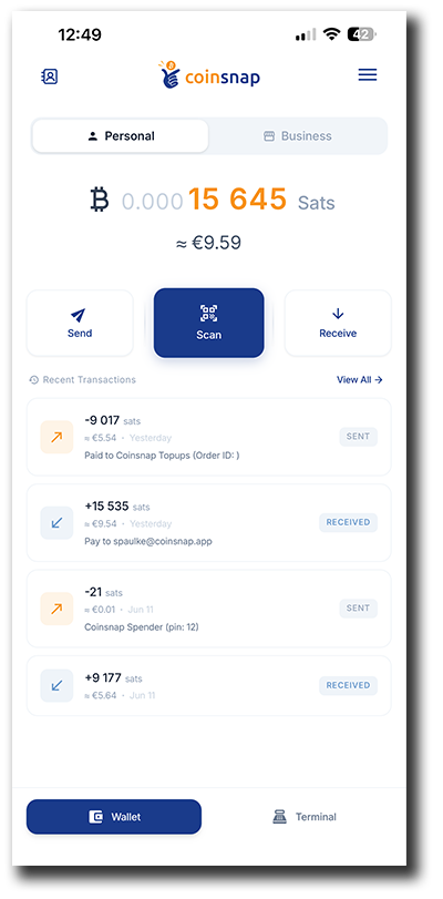 Coinsnap Bitcoin Wallet Personal account showing Bitcoin balance and Send, Scan, and Receive buttons