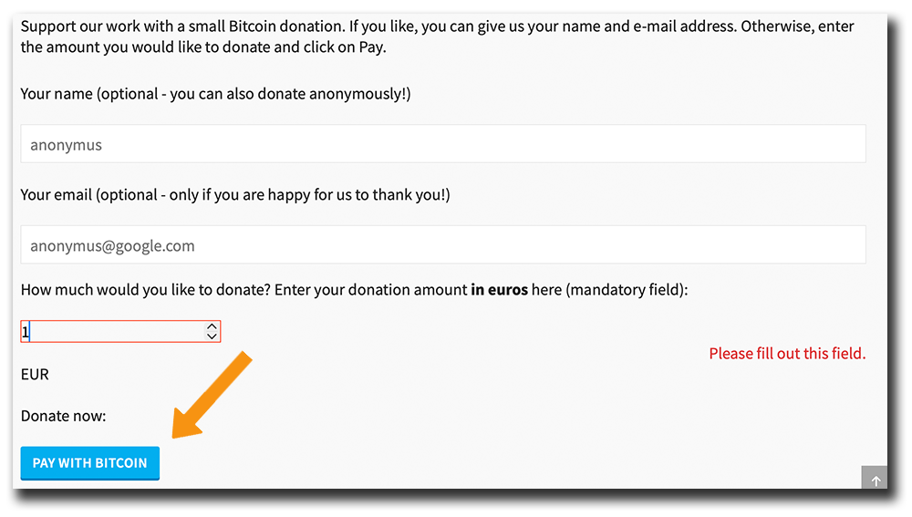 Bitcoin donation form with Pay with Bitcoin button to generate a Bitcoin payment request