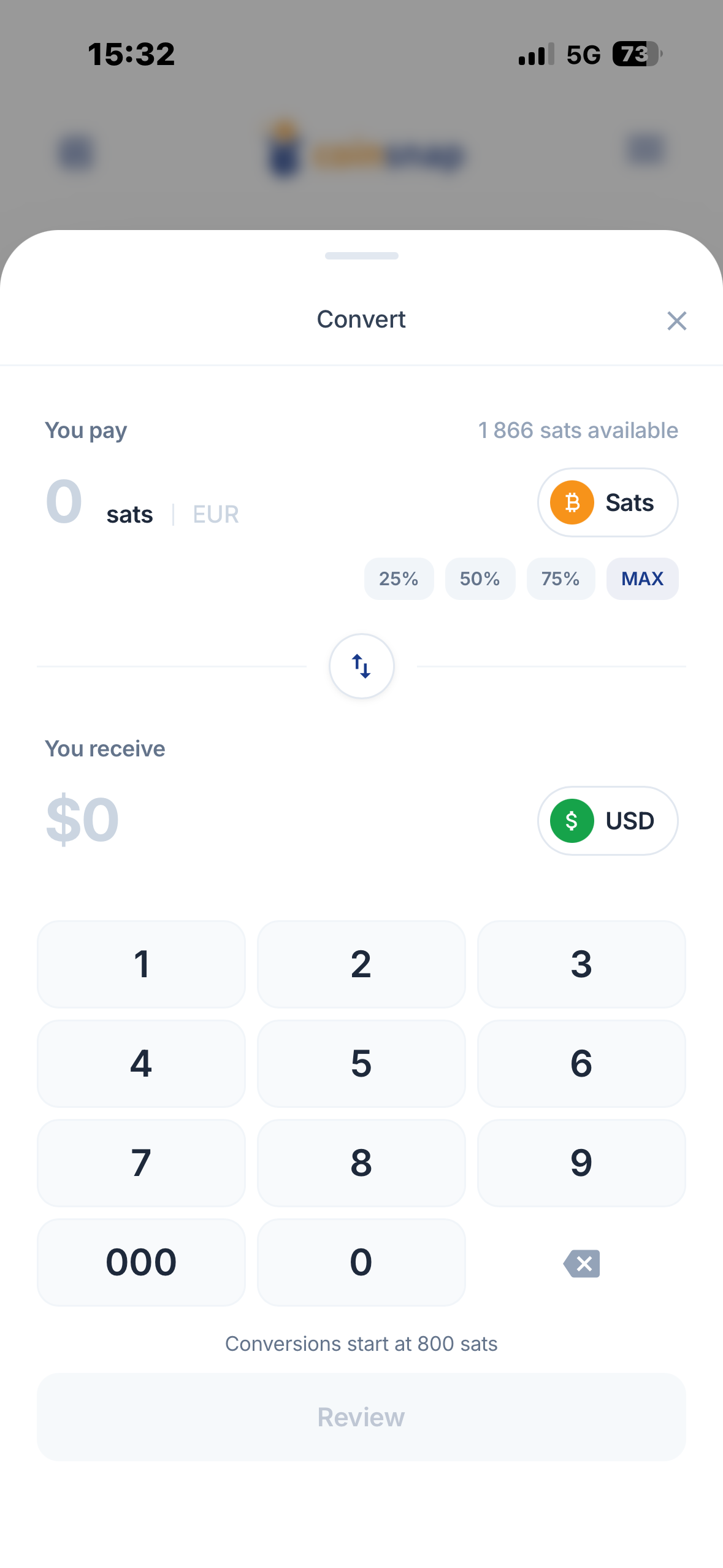 Convert screen: 0 sats to 0 dollars
