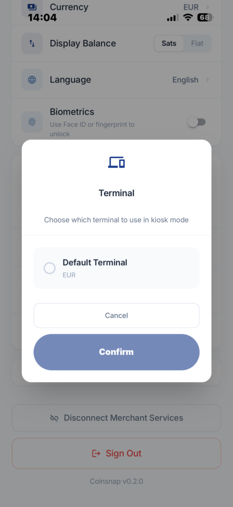  Choose an available terminal for Coinsnap Kiosk Mode