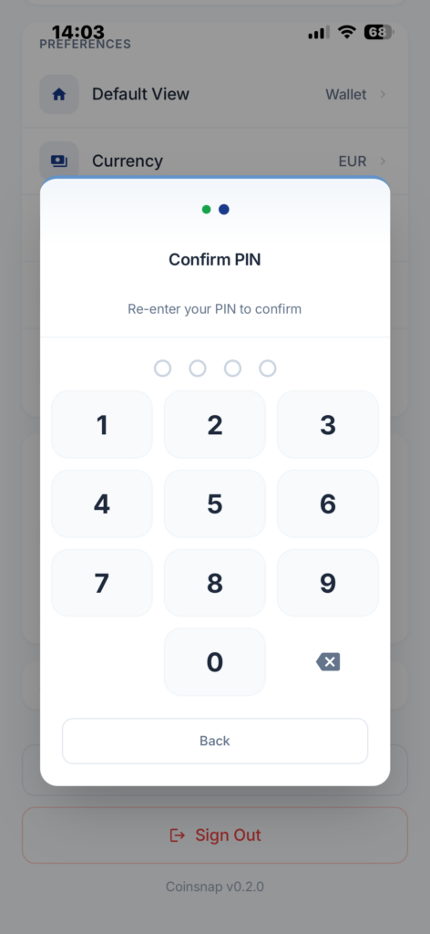 Confirm the four-digit PIN for Coinsnap Kiosk Mode
