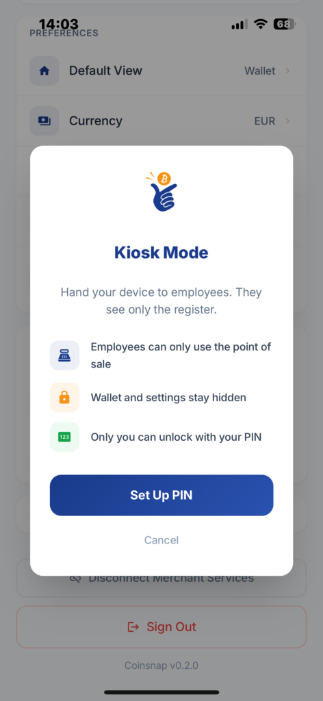 Set up a PIN to activate Coinsnap Kiosk Mode