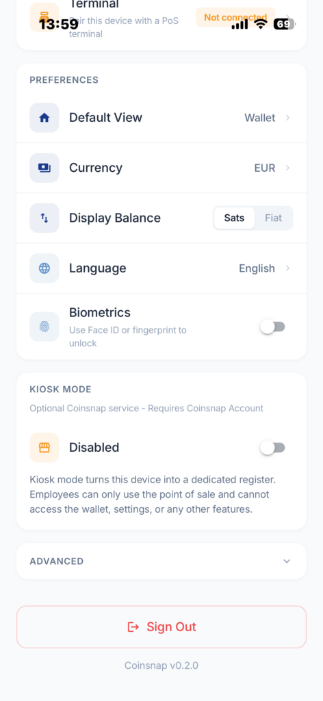 Coinsnap Kiosk Mode disabled in the app settings