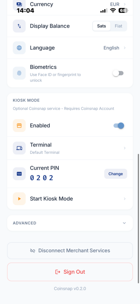 Start Coinsnap Kiosk Mode with the assigned terminal