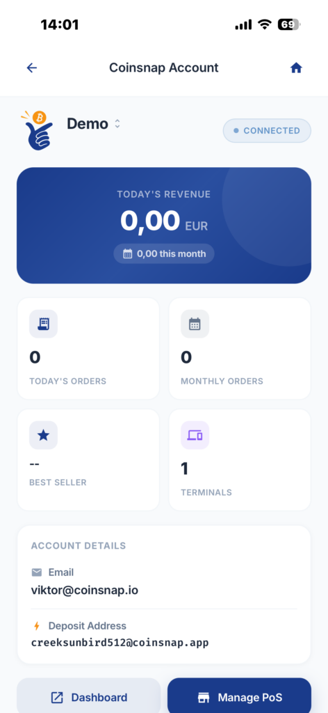 Connected Coinsnap Merchant Account with PoS management