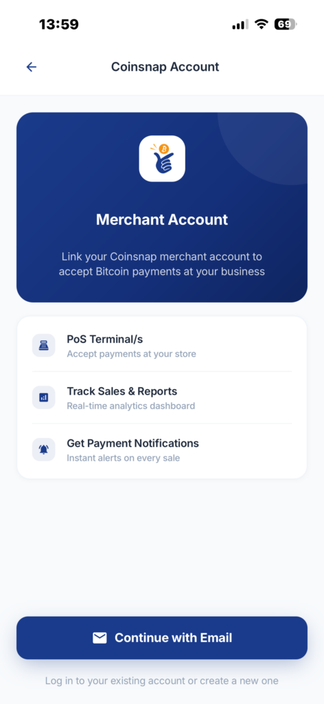 Connect a Coinsnap Merchant Account using email